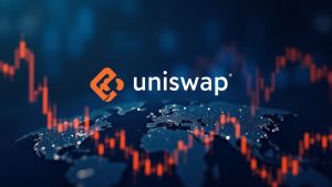 Photorealistic crypto trading scene with a bold Uniswap logo, rising volume bars, and a decentralized network map.