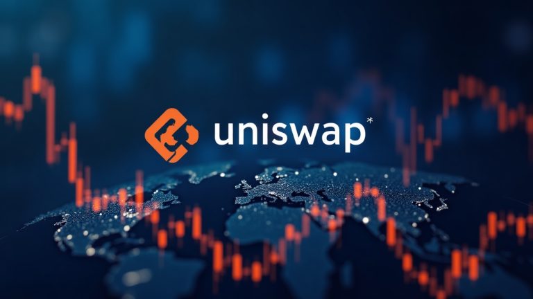 Photorealistic crypto trading scene with a bold Uniswap logo, rising volume bars, and a decentralized network map.