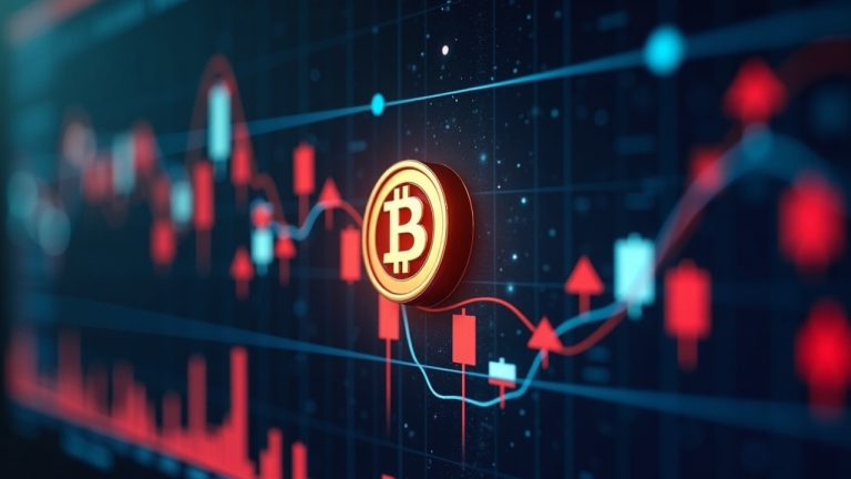 Photorealistic newsroom header with BTC and ETH logos on a digital dashboard showing red arrows of ETF outflows.