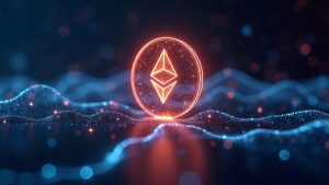 Photorealistic USDT logo migrating from Ethereum to Tron through neon cross-chain network, signaling legacy wind-down.