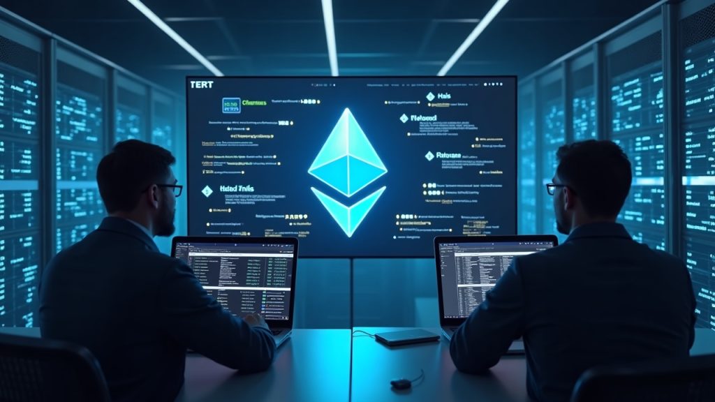 Photorealistic crypto newsroom: WEBCAT verification in a wallet UI, Ethereum logo, engineers in a secure data center.