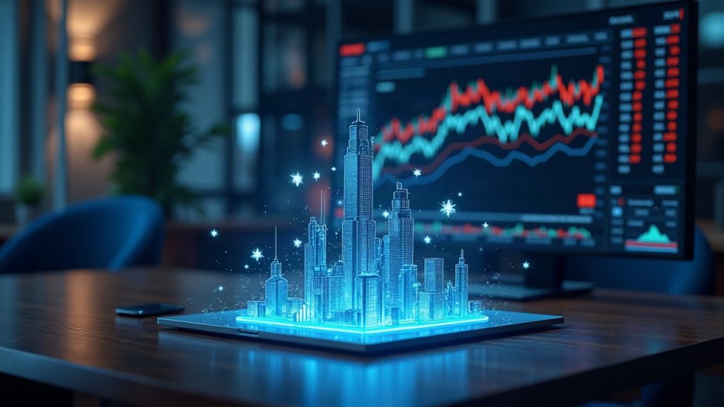 Photorealistic on-chain trading scene: desk, holographic tickers of tokenized stocks, Aerodrome logo, and Base DEX interface.
