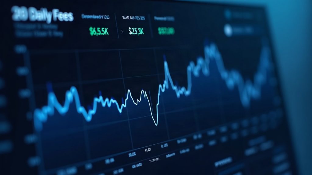 Photorealistic crypto dashboard close-up of a $5.3K daily fees graph with sub-cent costs on a blue Aptos-inspired interface.