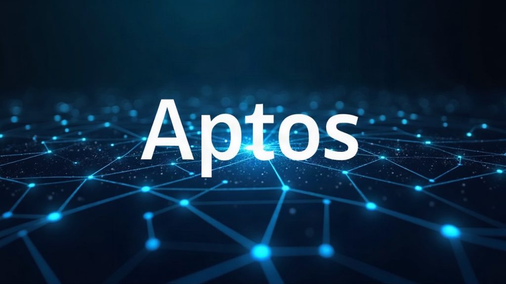 Aptos logo with a glowing quantum circuit network overlaid on blockchain nodes, illustrating quantum-resistant BFT research.