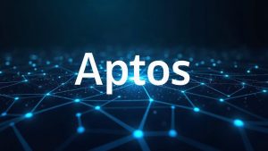 Aptos logo with a glowing quantum circuit network overlaid on blockchain nodes, illustrating quantum-resistant BFT research.