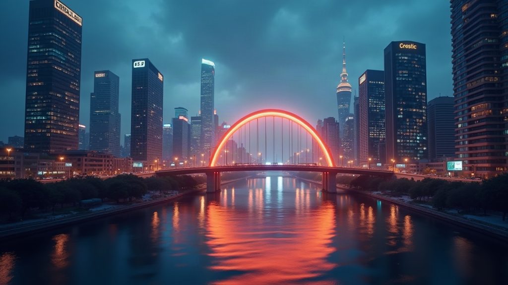Photorealistic cityscape with a glowing arc bridge between financial institutions and floating USDC tokens.