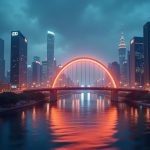 Photorealistic cityscape with a glowing arc bridge between financial institutions and floating USDC tokens.