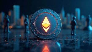 Glowing ARKVX token on Ethereum with Securitize branding, a sleek on-chain ledger, and institutional silhouettes.