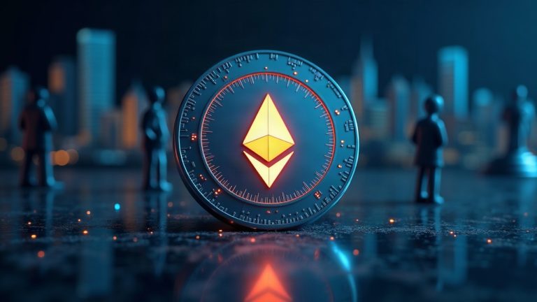 Glowing ARKVX token on Ethereum with Securitize branding, a sleek on-chain ledger, and institutional silhouettes.