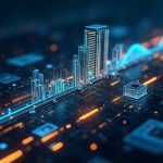 Photorealistic private blockchain rail linking Goldman Sachs to institutional funds, with dashboards and glowing data rails.