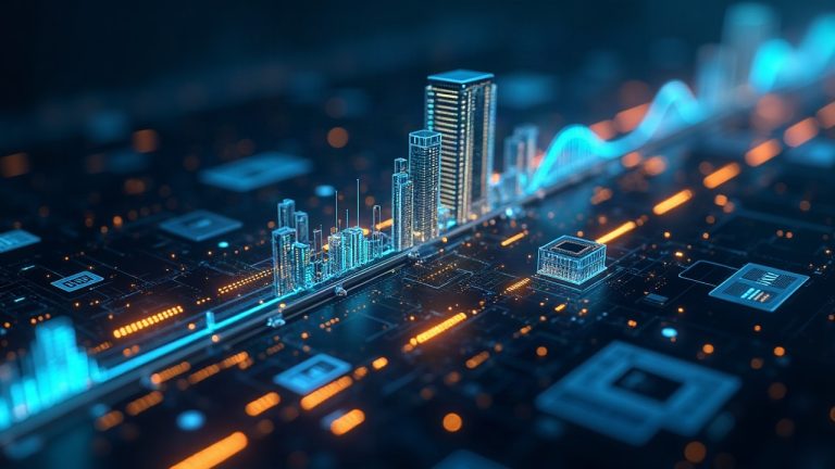 Photorealistic private blockchain rail linking Goldman Sachs to institutional funds, with dashboards and glowing data rails.
