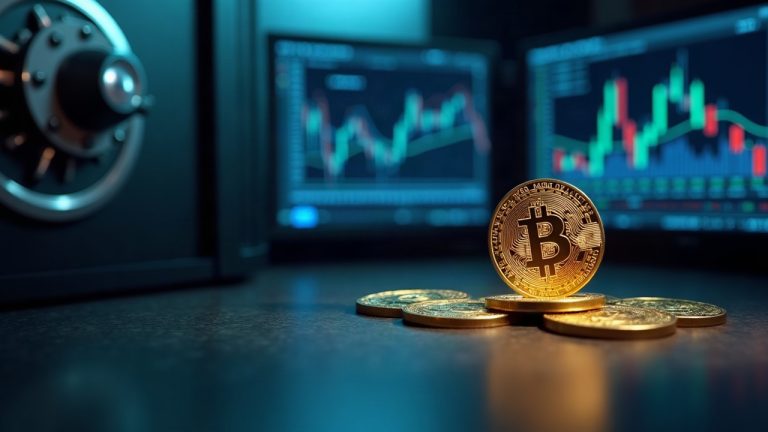 Photorealistic scene of tokenized Benji fund shares used as off-exchange collateral beside a vault and trading screens.