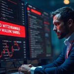 Photorealistic crypto exchange UI showing a red alert banner, locked withdrawals, and a technician reviewing code.