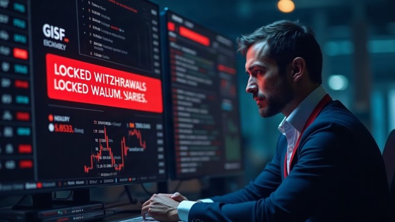 Photorealistic crypto exchange UI showing a red alert banner, locked withdrawals, and a technician reviewing code.