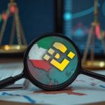 Photorealistic newsroom with Binance logo under magnifying glass, Iran map, and scales signaling sanctions scrutiny.