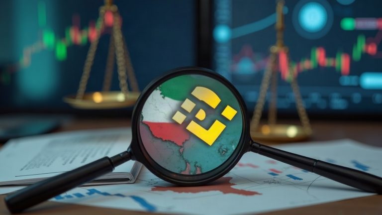 Photorealistic newsroom with Binance logo under magnifying glass, Iran map, and scales signaling sanctions scrutiny.