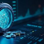 Photorealistic crypto exchange dashboard showing 1:1 reserve coverage, a glass vault, and coins.