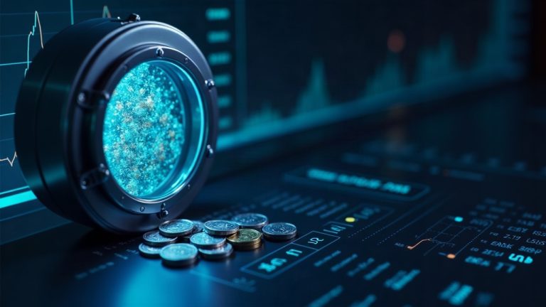 Photorealistic crypto exchange dashboard showing 1:1 reserve coverage, a glass vault, and coins.