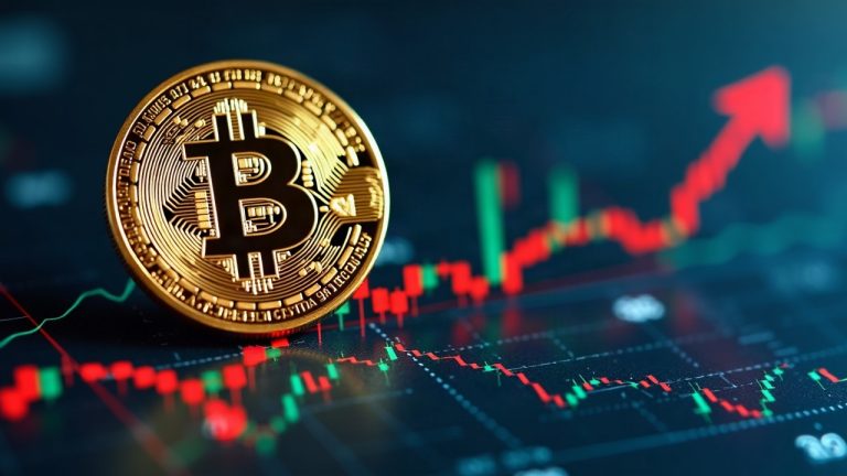 Bitcoin symbol over a rising financial chart with ETF logos, price tag 84,500, and a high Fear & Greed gauge.