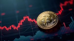 Photorealistic close-up of Bitcoin symbol over an ETF dashboard with red outflow arrows in a dark newsroom backdrop
