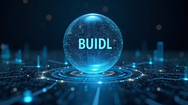 Central digital ledger orb showing BUIDL tokenized Treasury data with holographic charts at 2.8B AUM