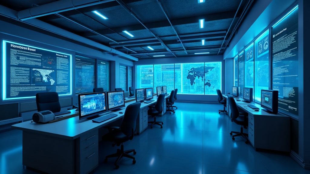 Futuristic newsroom showing NodeOpsHQ hub enabling prompt-to-agent deployment on BNB Chain, blue tech aesthetic.