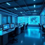 Futuristic newsroom showing NodeOpsHQ hub enabling prompt-to-agent deployment on BNB Chain, blue tech aesthetic.