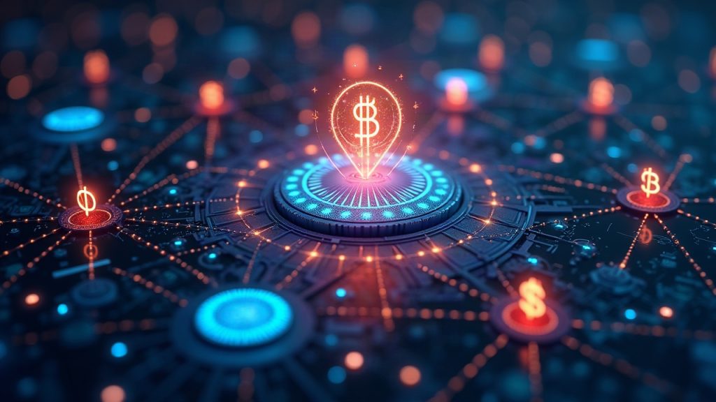 Futuristic blockchain data center with glowing nodes, an AI agent dashboard, stablecoin symbols, and wallet deployment.