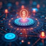 Futuristic blockchain data center with glowing nodes, an AI agent dashboard, stablecoin symbols, and wallet deployment.