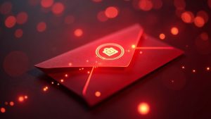 Photorealistic close-up of a glowing red envelope with privacy icons against a BNB Chain-inspired backdrop.