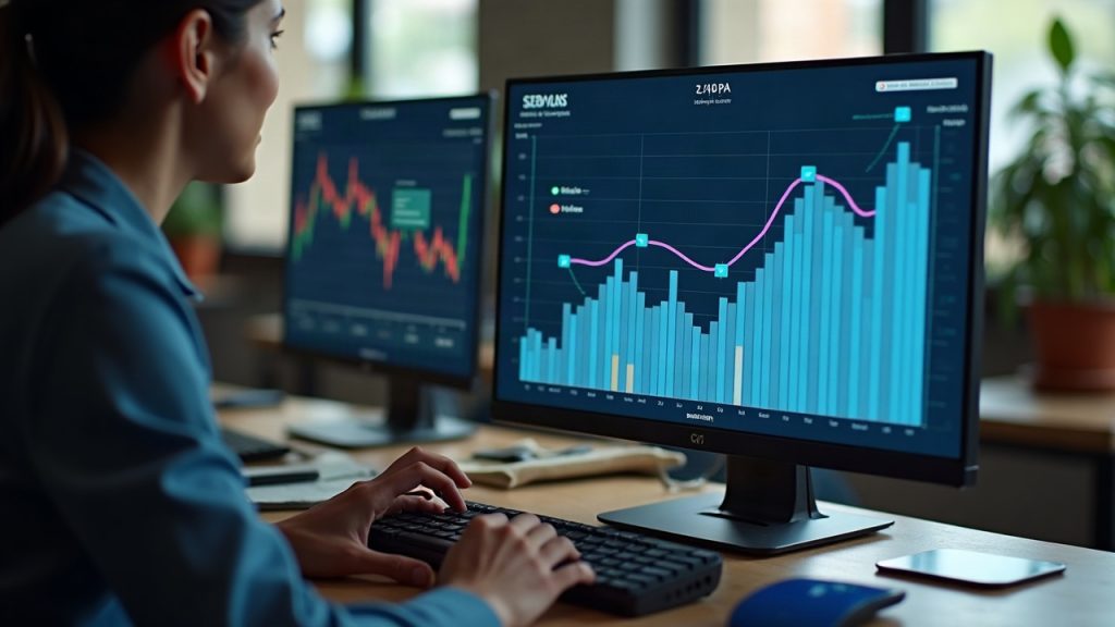 Brazilian desk scene with a screen showing tokenized fund shares on XRP Ledger and a separate CSD BR settlement ledger.
