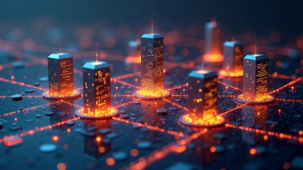 Six modern bank towers connected by a glowing blockchain, illustrating tokenized CAD deposits on a shared ledger