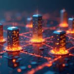 Six modern bank towers connected by a glowing blockchain, illustrating tokenized CAD deposits on a shared ledger