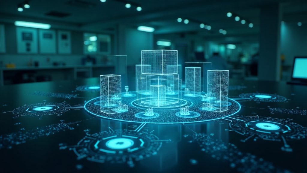 Photorealistic lab scene of a blockchain hub with blue-green holographic charts showing 1000 TPS and interconnected nodes.