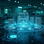 Photorealistic lab scene of a blockchain hub with blue-green holographic charts showing 1000 TPS and interconnected nodes.