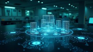 Photorealistic lab scene of a blockchain hub with blue-green holographic charts showing 1000 TPS and interconnected nodes.