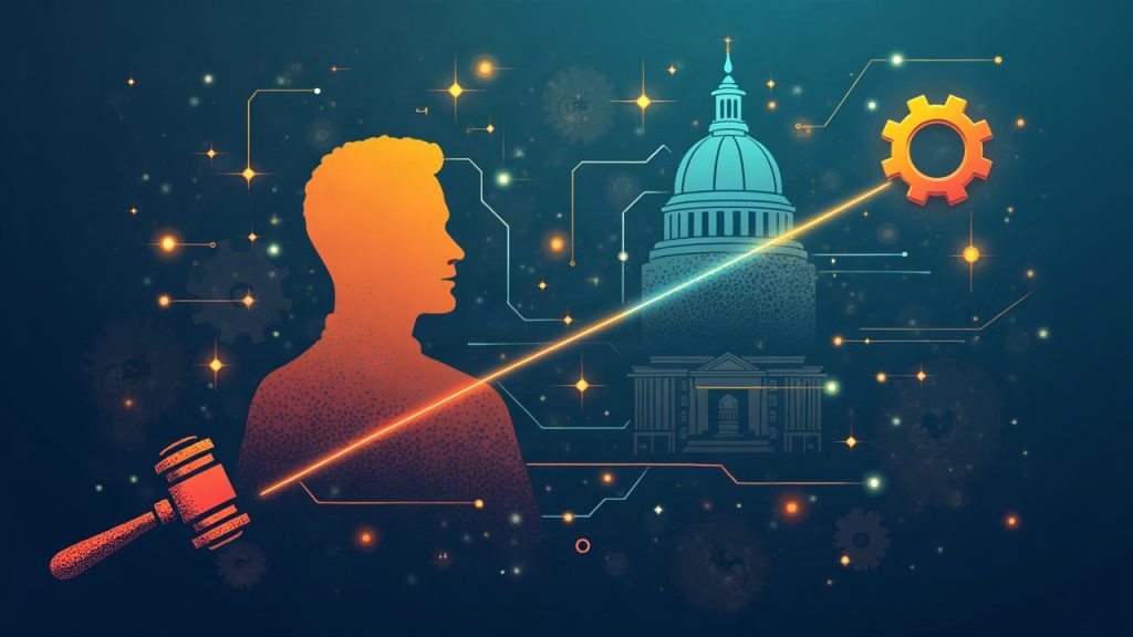 Photorealistic header showing an executive silhouette, crypto icons, and a split path with a gavel and gears.