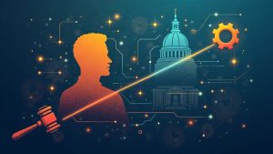 Photorealistic header showing an executive silhouette, crypto icons, and a split path with a gavel and gears.
