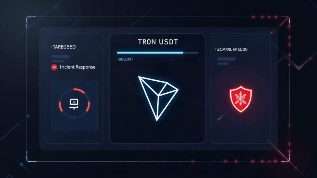 Photorealistic cross-chain dashboard paused, highlighting TRON USDT with a red alert badge and secure vault.