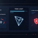 Photorealistic cross-chain dashboard paused, highlighting TRON USDT with a red alert badge and secure vault.