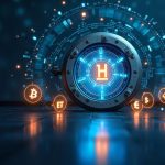 Photorealistic bank vault door closing around digital assets, with glowing BTC and ETH icons orbiting a holographic custody interface.