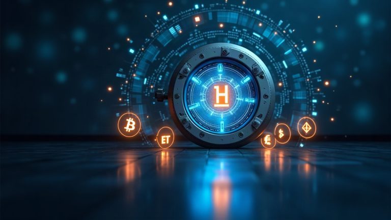 Photorealistic bank vault door closing around digital assets, with glowing BTC and ETH icons orbiting a holographic custody interface.