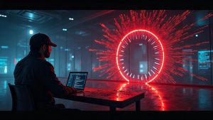 Photorealistic header: breached crypto bridge with FET branding, flashing red alert, hacker silhouette, tech control room.