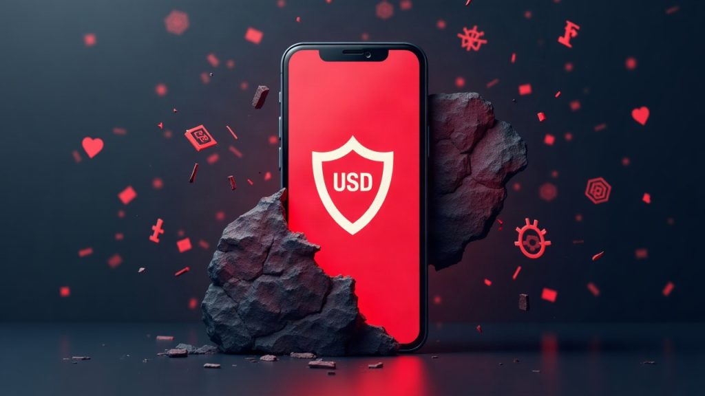 Realistic smartphone with red warning screen, USDT logo, blockchain glyphs, and shattered shield signaling crypto breach.