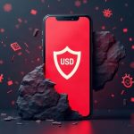 Realistic smartphone with red warning screen, USDT logo, blockchain glyphs, and shattered shield signaling crypto breach.