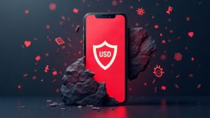 Realistic smartphone with red warning screen, USDT logo, blockchain glyphs, and shattered shield signaling crypto breach.