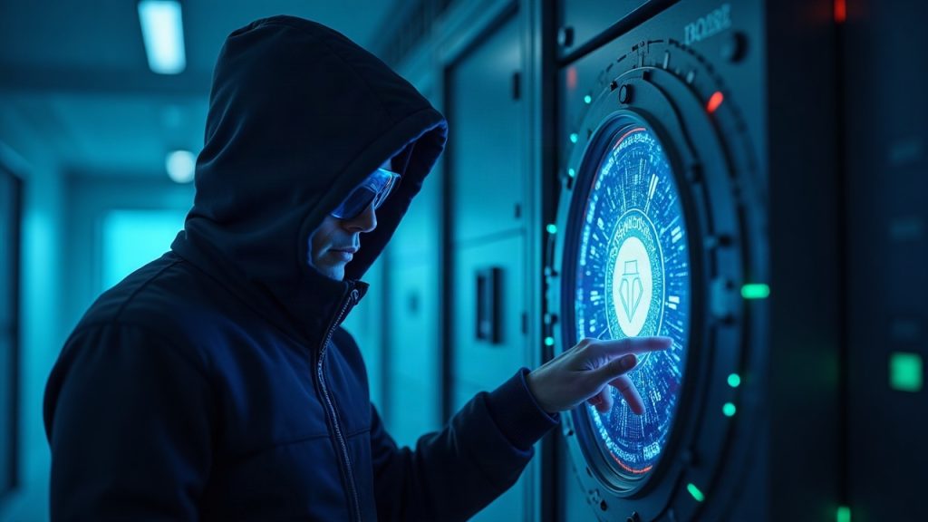 Photorealistic Gnosis Safe wallet with attacker silhouette exploiting a flawed helper contract to drain rsETH.