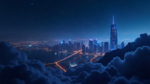 Photorealistic Hoodminers header with Bitcoin Ordinals, OpenSea glow and a crypto skyline for an exclusive Robinhood drop