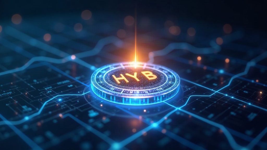 Photorealistic HYB token above a translucent ledger with a liquidity bridge and USDC streams signaling instant exits.