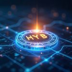 Photorealistic HYB token above a translucent ledger with a liquidity bridge and USDC streams signaling instant exits.